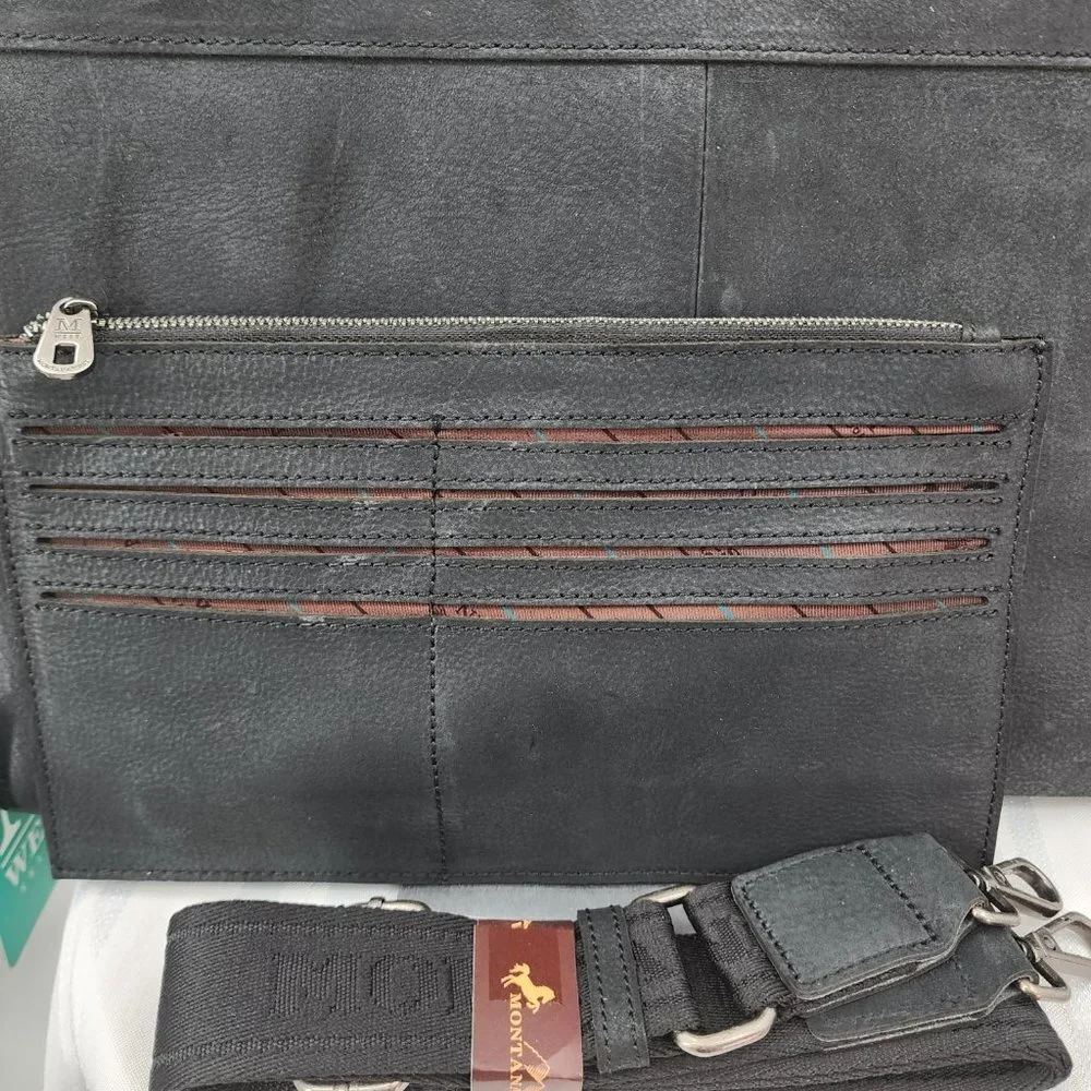 MONTANA WEST Black Genuine Leather Laptop‎ Case Tote & Wristlet Set NWT